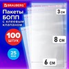 Пакеты БОПП с клеевым клапаном, КОМПЛЕКТ 100 штук, 6х8 + 3 см, 25 мкм, BRAUBERG, 700414 - фото 7527352