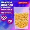 Пакет дой-пак с замком ZIP LOCK, прозрачный, 100х150 + 30 мм, 100 штук, 70 мкм, BRAUBERG, 700695 - фото 7527413