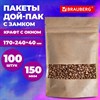 Пакет дой-пак с замком ZIP LOCK, крафт с окном 60 мм, 170х240 + 40 мм, 100 штук, 150 мкм, BRAUBERG, 700692 - фото 7527422